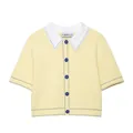 Detail of yellow knit polo cardigan with white collar and blue contrast stitching - S / Tops