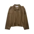 Elegante chaqueta bomber corta de ante sintético marrón con cuello de solapa y hombreras - XS / Tops / Marrón