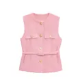 Gilet élégant en tweed rose pour femme avec une ceinture assortie et boutons dorés - XS / Hauts / Rose