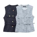 Gilet sans manches chic en tweed pour femme avec ceinture et accents métalliques - XS / Hauts / Bleu foncé