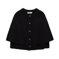 Detailed front view of black round-neck knitted cape jacket with button-front design - Black