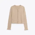 Beige round neck knitted cardigan with feminine ruffle trim details on hem and cuffs - Oatmeal