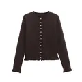 Elegant dark brown round neck knit cardigan with ruffle hem and cuffs for spring - Brown