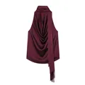 Elegante top halter in raso bordeaux con scollo drappeggiato e dettaglio di sciarpa a frange - XS / Top / Borgogna