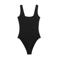 Front view of a minimalist black U-neck sleeveless elastic knitted bodysuit for women - XS / Tops / Black