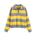 Jersey de punto a rayas amarillas y grises para mujer con cuello polo y manga larga - S / Tops / Amarillo