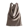 Vista dettagliata del top halter in raso color moka con elegante scollo a cappuccio - XS / Top / Kaki