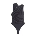 Elegant sleeveless bodysuit with asymmetric diagonal neckline and draped ruching detail - Charcoal