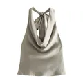 Dettaglio top a sottoveste in raso champagne con scollo a cappuccio e fiocco sul retro - XS / Top / Champagne