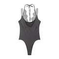 Front detail view of a grey sleeveless halter neck bodysuit with delicate lace splicing - Gray
