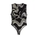 Detail of sleeveless mesh bodysuit with marble swirl pattern and pleated ruching - S / Jumpsuits / Black Leopard Print