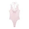 Detailed view of pink sleeveless bodysuit with lace halter neck and eyelash trim detail - Pink