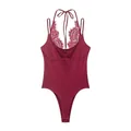 Elegant burgundy bodysuit featuring delicate lace trim and a stylish halter neck design. - XS / Top (0085310) / Burgundy