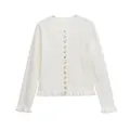 Elegant white knit cardigan with ruffled edges and crew neck for spring wear - Apricot White