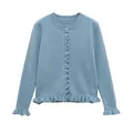 Soft blue knitted cardigan for women featuring a round neck and elegant ruffle trim details - Lake Blue