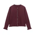 Elegant burgundy round neck knit cardigan with delicate ruffle hem and cuff details - Angora