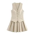 Elegant beige vest-style dress with a V-neck buttoned top and a pleated skirt design - XS / Dresses / Beige