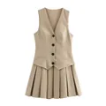 Front view of a khaki sleeveless V-neck vest dress with a wide pleated skirt. - XS / Dresses / Khaki