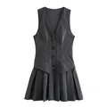 Front view of a stylish dark gray pinstriped vest dress featuring a pleated mini skirt - XS / Dresses / Striped