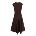 Detailed visual of elegant brown mesh sleeveless dress featuring ruched side accents - S / Dresses / Brown