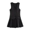 Detailed front view of a black sleeveless V-neck vest pleated dress with button accents - XS / Dresses / Black