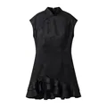 Detail view of chic black sleeveless bodycon dress with ruffled hem and mandarin collar - S / Dresses / Black