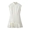 Full body view of a white sleeveless bodycon dress with lotus leaf ruffle hem detail - S / Dresses / White