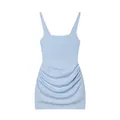 Detailed view of a light blue sleeveless corset dress with a ruched mini skirt design. - Blue