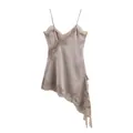 Elegant champagne satin slip dress with asymmetrical lace hem and V-neckline - Mink Color