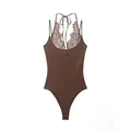 Detailed view of a brown halter neck bodysuit featuring elegant floral lace splicing - XS / Top (0085310) / Brown