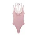 Detailed view of pink halter neck bodysuit with delicate lace patchwork and straps. - XS / Top (0085310) / Deep Pink