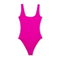 Detailed view of fuchsia pink U-neck sleeveless stretch knit bodysuit for women - XS / Tops / Rose Red