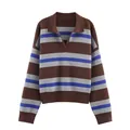Jersey de punto con cuello polo a rayas horizontales de color marrón, gris y azul - S / Tops / Azul