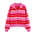 Cozy pink and red horizontal striped polo collar knit sweater with loose v-neck pullover style - Rose Red