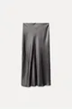 Close-up detail of a grey silk satin midi skirt featuring a smooth and lustrous texture - XS / Bottoms / Gray