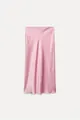 Detail view of the elegant pink satin midi skirt highlighting its silky fabric sheen - Pink