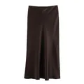 Detailed macro view of a dark brown satin midi skirt showing elegant silky sheen - XS / Bottoms / Red Brown