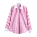 Front view detail of a stylish pink striped shirt with white contrast collar and cuffs - XS / Tops / Pink Stripes