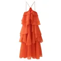 Detailed front view of vibrant orange tiered ruffle dress with 3D floral neckline - S / Dresses / Orange