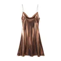 Full front view of elegant metallic bronze mini slip dress with thin spaghetti straps. - XS / Dresses / Coffee