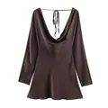 Front view of a brown long-sleeve satin mini dress with elegant cowl neck design. - Brown