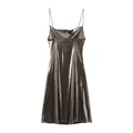 Front view of a sexy metallic silver camisole dress with thin straps and low neck - Black