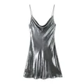 Close-up of metallic silver slip dress showing cowl neck detail and fabric texture - XS / Dresses / Dark Silver