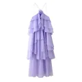 Macro view of a light purple tiered ruffle dress featuring an elegant 3D flower neckline - S / Dresses / Purple