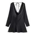 Rear view of black satin cowl neck mini dress with open back and tie detail - Black