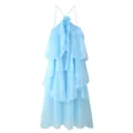 Light blue multi-layered ruffled dress with 3D floral accent and halter neckline - S / Dresses / Blue