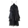 Elegant black tiered halter dress featuring a 3D flower detail and sheer layered ruffles. - S / Dresses / Black