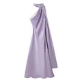 Elegant lavender satin halter neck dress with a flowing scarf detail for parties - S / Dresses / Lavender