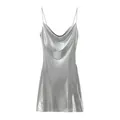 Close-up view of the metallic silver fabric texture and the draped cowl neck design - Silver