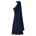 Detailed view of an elegant navy blue halter neck dress featuring a flowing back drape - S / Dresses / Navy Blue